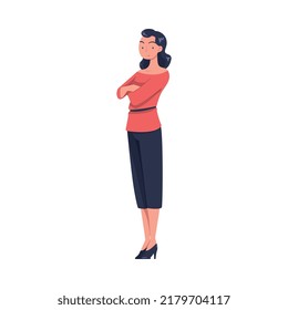 Young Smiling Woman with Folded Arms in Standing Pose Vector Illustration