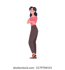 Young Smiling Woman with Folded Arms in Standing Pose Vector Illustration
