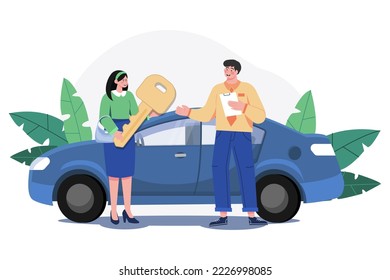 Young Smiling Woman Getting Key To A New Car