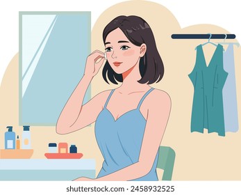 Young smiling woman getting ready in the morning applying makeup at home. Woman sitting near the mirror and doing het beauty routine at home. Vector illustration, cartoon style