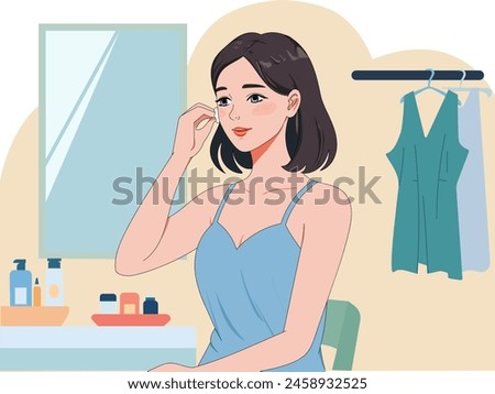 Young smiling woman getting ready in the morning applying makeup at home. Woman sitting near the mirror and doing het beauty routine at home. Vector illustration, cartoon style