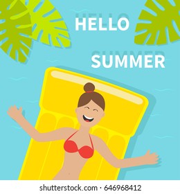 Young smiling woman girl floating on yellow air pool water mattress. Red swimsuit Hello Summer. Palm tree leaf. Cute cartoon relaxing character. Sea Ocean water. Blue background. Flat design. Vector