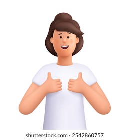 Young smiling woman giving double thumb up. Positive feedback, like, approval gesture. 3d vector people character. Cartoon minimal style.