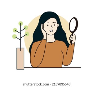 Young smiling woman in good mood looking at the mirror in hand. Self Love, Confidence, Beauty, skin care, daily routine Concepts. Thin line cartoon style vector illustration.