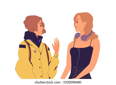 Young smiling woman greeting her friend with hi gesture. Meeting of girlfriends. Acquaintance and contacting to new people. Colored flat vector illustration isolated on white background