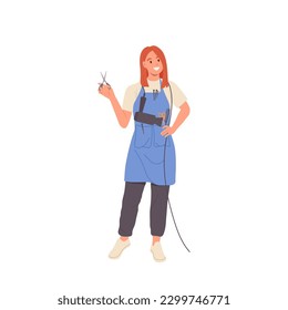 Young smiling woman hairdresser or barber wearing apron holding tools standing isolated on white