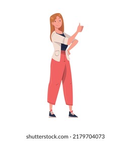 Young Smiling Woman with Hand on Hip Standing and Showing Thumb Up Vector Illustration