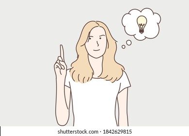 Young smiling woman having a good idea with gray background. Hand drawn style vector design illustrations.