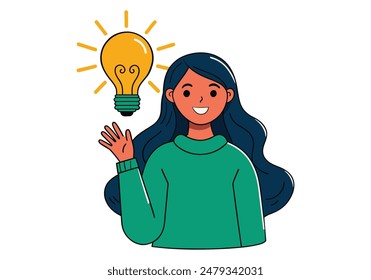 Young smiling woman having a good idea. Hand drawn style vector design illustrations.
