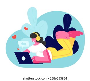 Young Smiling Woman In Headphones Lying On Floor With Laptop Communicating In Social Media Networks, Listening Music, Watching Video. Internet Community Entertainment. Cartoon Flat Vector Illustration