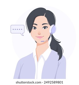 Young smiling woman with headphones and a microphone .Concept illustration for customer service, assistance, call center. Online customer support and helpdesk. Cartoon vector illustration