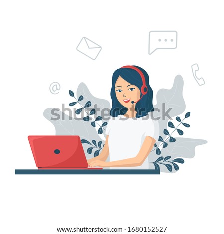 Young smiling woman with headphones and a microphone with a laptop.Concept illustration for customer service, assistance, call center. Online customer support and helpdesk. Cartoon vector illustration