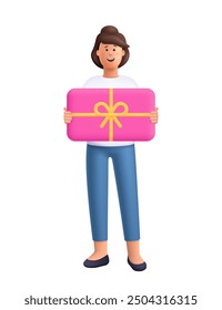 Young smiling woman hold gift box with bow and ribbons. Celebration, Birthday, New Year and Valentine's day concept. 3d vector people character. Cartoon minimal style.