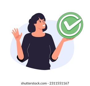 Young smiling woman hold successful check mark close up button. Task completion, complete business assignments, time management concept. Flat vector people character illustration. Cartoon minimal