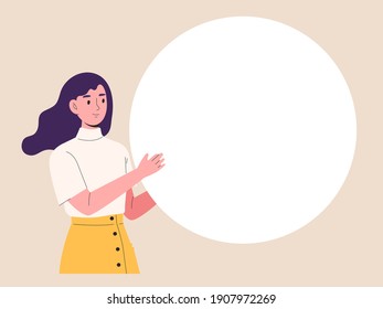 Young smiling woman holding big blank white circle. Empty space for text messages. Character template for announcement, advertising, promotion, banner, business, presentation. Flat vector illustration