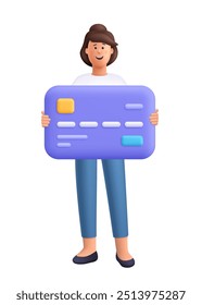 Young smiling woman holding big bank credit card. Contactless payment, online banking service, online shopping, finance and business  concept. 3d vector people character. Cartoon minimal style.