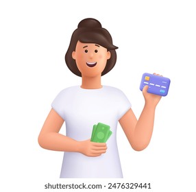 Young smiling woman holding credit debit card cash banknotes. Payment, banking and shopping concept.  3d vector people character illustration.
Cartoon minimal style.