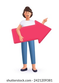 Young smiling woman holding direction arrow banner and pointing right up. 3d vector people character illustration. Cartoon minimal style.