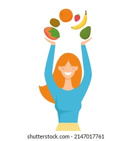 Young smiling woman holding fruits above her head. Flat vector illustration in cartoon style isolated on white background