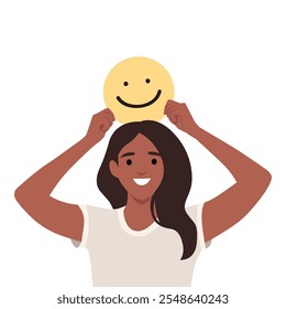 Young smiling woman holding happy emoji over her head. Flat vector illustration isolated on white background