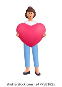 Young smiling woman holding huge big red heart. Valentine's Day and Love concept. 3d vector people character illustration. Cartoon minimal style.