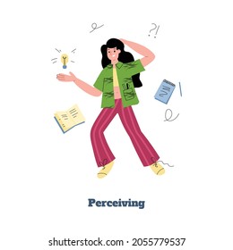 Young smiling woman holding lightbulb vector illustration. Happy female with light bulb perceiving innovative creative business idea.