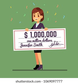 Young smiling woman holding money prize check for one million dollars. Cash lottery winnings and gambling vector concept. Woman with check fortune money million illustration