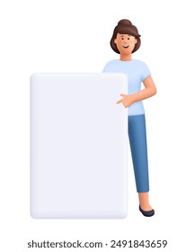 Mujer sonriente joven sosteniendo y señalando el Anuncio vacío o la hoja de papel en blanco. Ilustración de personajes de personas de Vector 3d. Dibujos animados estilo minimalista.