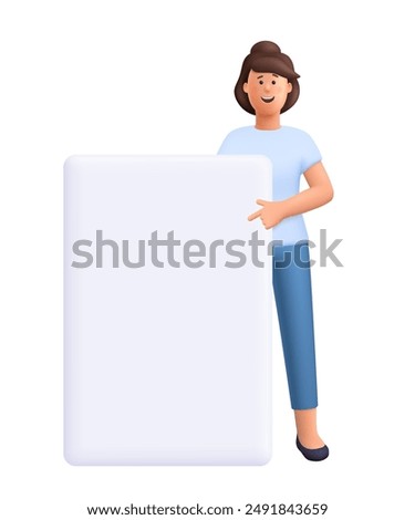 Young smiling woman holding and pointing at empty banner or blank paper sheet. 3d vector people character illustration. Cartoon minimal style.