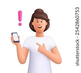Young smiling woman holding smartphone and pointing to exclamation point. Idea, warning or attention concept. 3d vector people character. Cartoon minimal style.