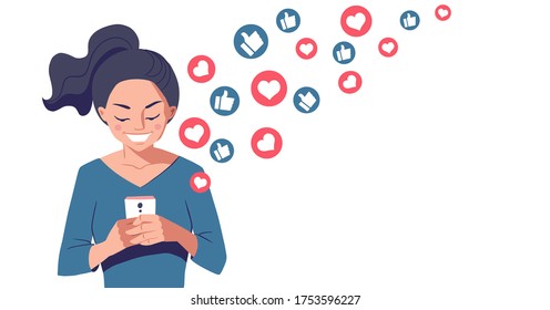 Young smiling woman holding smartphone in hands. Like button icons flying out of mobile phone. Getting likes in social media concept banner. Cartoon character, vector illustration.