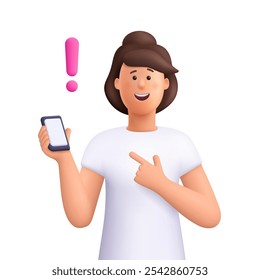 Young smiling woman holding smartphone and pointing to exclamation point. Idea, warning or attention concept. 3d vector people character. Cartoon minimal style.