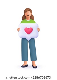 Young smiling woman holding speech bubble with heart like symbol. Social media concept. 3d vector people character illustration.
Cartoon minimal style.