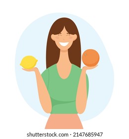 A young smiling woman holds fruits in her hands - a lemon and an orange. Flat vector illustration in cartoon style isolated on white background