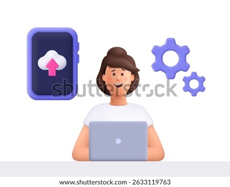 Young smiling woman Jane cloud uploading and transferring data from computer to cloud computing. Digital technology, data information concept. 3d vector people character. Cartoon minimal style.