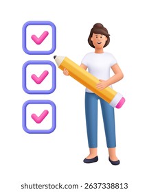 Young smiling woman Jane and doing checklist with pencil. Deadline, planning and organization of work project, business tasks concept. 3d vector people character. Cartoon minimal style.