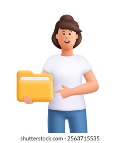 Young smiling woman Jane holding folder with file or document. Business, file management concept. 3d vector people character. Cartoon minimal style.