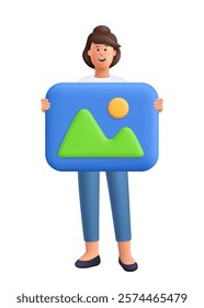 Young smiling woman Jane holding big image or jpg gallery file. Social media, content concept. 3d vector people character. Cartoon minimal style.