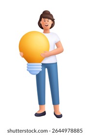 Young smiling woman Jane holding a large yellow light bulb. Creativity innovation, inspiration and idea concept. 3d vector people character. Cartoon minimal style.