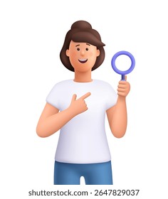 Young smiling woman Jane holding a magnifying glass. Search, investigation, research and discovery concept. 3d vector people character. Cartoon minimal style.