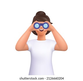 Young smiling woman Jane looking through binoculars. Searching for a job, opportunities, new business ideas. Research, web surfing.3d vector people character illustration. Cartoon minimal style.