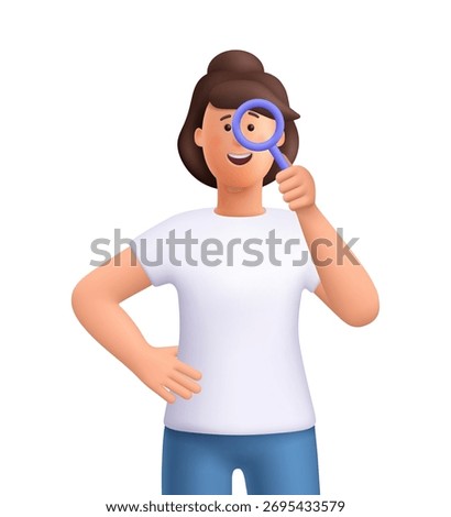 Young smiling woman Jane looking through magnifying glass. Search, investigation, analysis, research, inspection and discovery concept. 3d vector people character. Cartoon minimal style.
