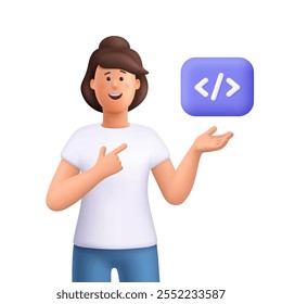 Young smiling woman Jane pointing to programming code symbol. Girl programmer. Web development, programming language and coding concept. 3d vector people character. Cartoon minimal style.