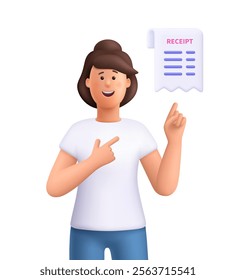 Young smiling woman Jane pointing at cash receipt. Shopping, online purchase, financial bill, banking and payment transaction concept. 3d vector people character. Cartoon minimal style.