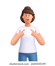 Jovem mulher sorridente Jane apontando para si mesma com as duas mãos. Sugerindo conceito de orgulho, confiança e conquista. personagem de pessoas vetoriais 3d. Estilo mínimo de desenho animado.