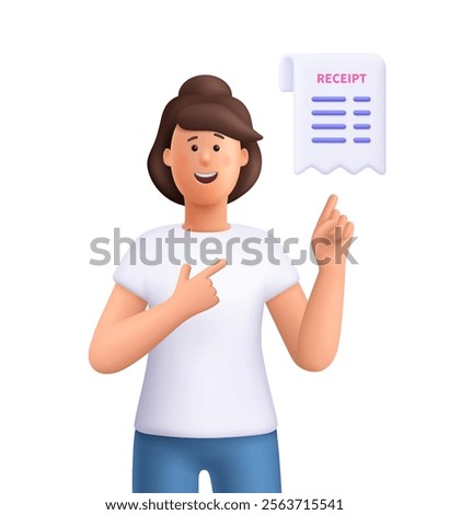 Young smiling woman Jane pointing at cash receipt. Shopping, online purchase, financial bill, banking and payment transaction concept. 3d vector people character. Cartoon minimal style.
