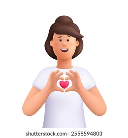 Young smiling woman Jane showing heart with her hands, heart gesture or love sign. Social media, charity, Valentine's day concept. 3d vector people character. Cartoon minimal style.