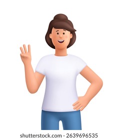 Young smiling woman Jane showing a three fingers gesture, number three. 3d vector people character. Cartoon minimal style.