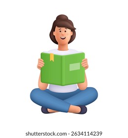 Young smiling woman Jane sitting with crossed legs, holding or reading open book. Education concept. 3d vector people character. Cartoon minimal style.