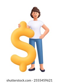 Young smiling woman Jane standing near and holding big dollar sign. Finance, business and investment concept. 3d vector people character. Cartoon minimal style.